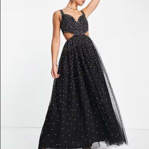 Maya maxi dress with cut outs in black with all over embellishment